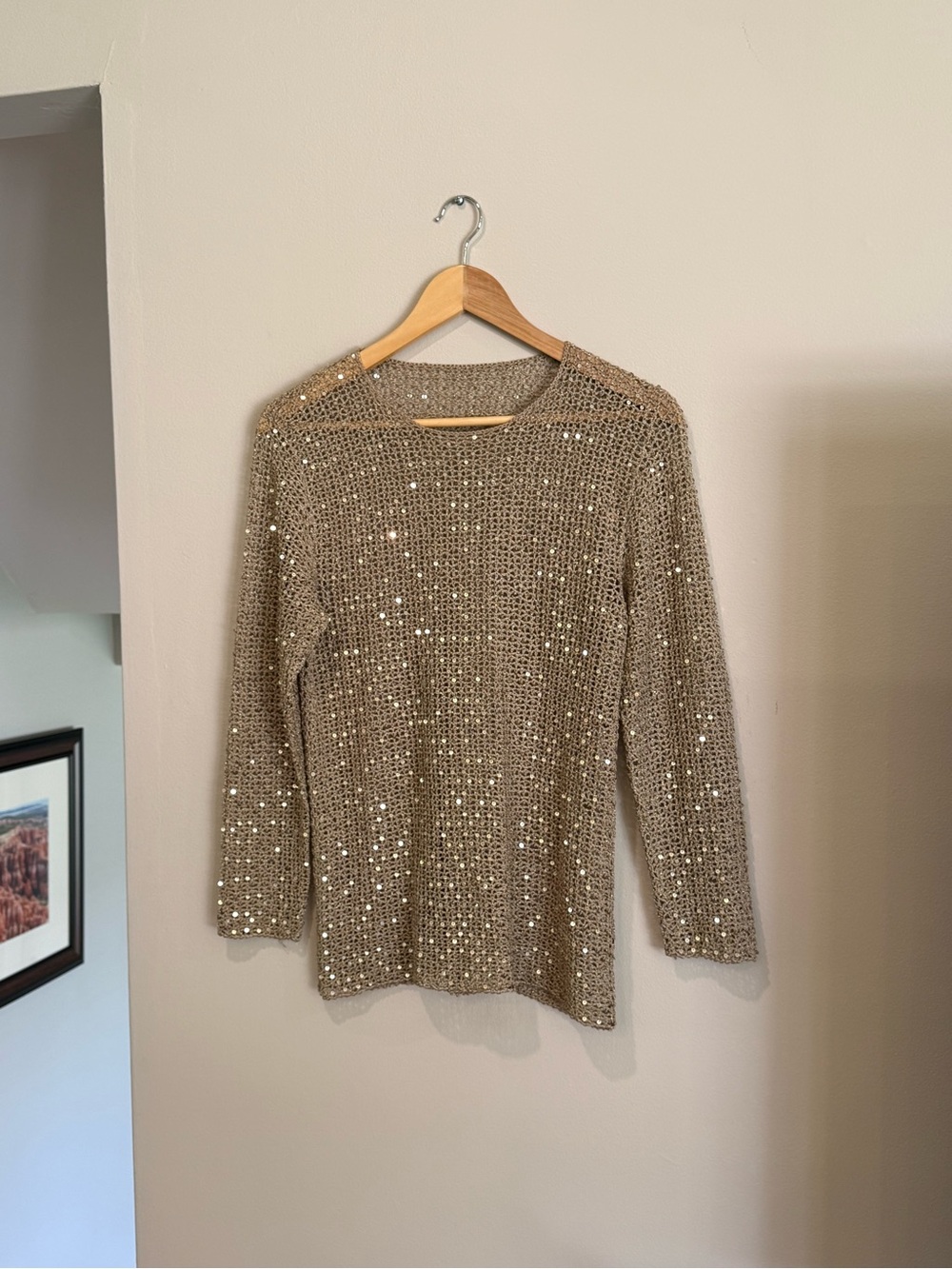 Women's Sequin Knit Sweater Top - Champagne